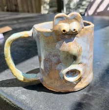 Weirdo Face Handmade Drip Glaze Pottery Mug Signed Korey Ericksen Folk Art