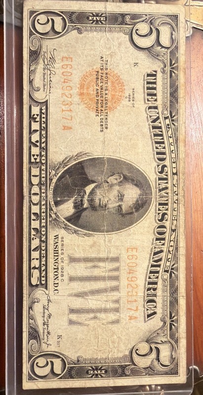 1928 $5 United States Note Banknote Lincoln Portrait Circulated Uncertified
