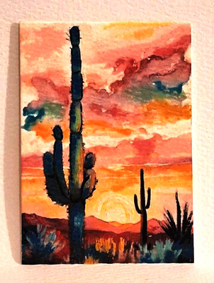 Desert Sunrise ACEO Original Landscape PAINTING by Leslie Popp