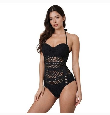 Robin Piccone Penelope Crochet Overlay Swimsuit Size 6 Black One