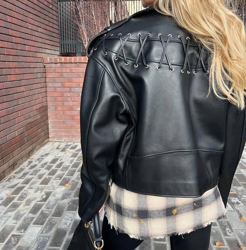 Women’s Vintage 90S Genuine Leather Oversize Retro style Casual Wear Black Biker - Image 2 of 4