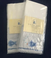 TWO Pottery Barn Kids LITTLE FISHIES White Blue Pole Pocket Valances 18" X 44"