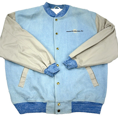 Vintage Denim Jacket Men Large Blue Tan Varsity Letterman Bomber 90s Y2K Work
