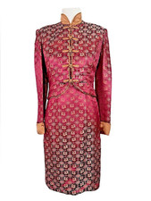 Vintage Jacquard Asian Cheongsam Dress with Jacket Maroon Gold Dragons