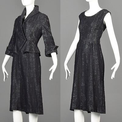 S Black Lace Overlay Dress Peplum Jacket Set Sharkskin Green 1950s 50s VTG  | eBay