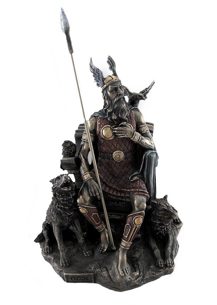 Statue d'Odin assis façon bronze pour une ambiance viking au salon