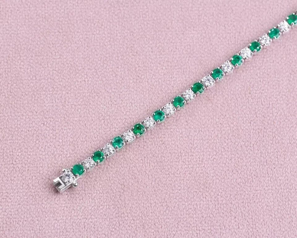 Brazalete tenis mujer esmeralda verde diamante corte redondo de 5 quilates chapado en oro blanco de 14 quilates Foto 4 de 4