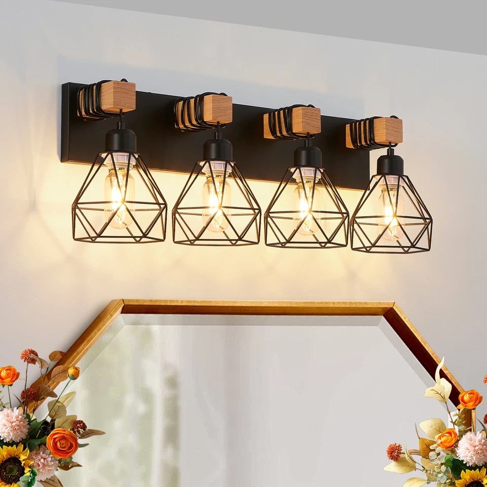 Vanity Light 24" 4 Lights Farmhouse Black Cage Bathroom Mirror Wall Lamp Fixture - Image 2 of 4