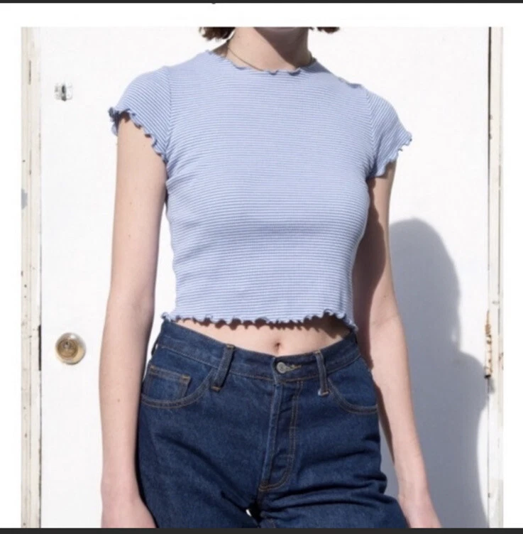 Brandy Melville Wynn Blue White Ruffle Baby Tee Striped Crop Top OS Xs  Small S