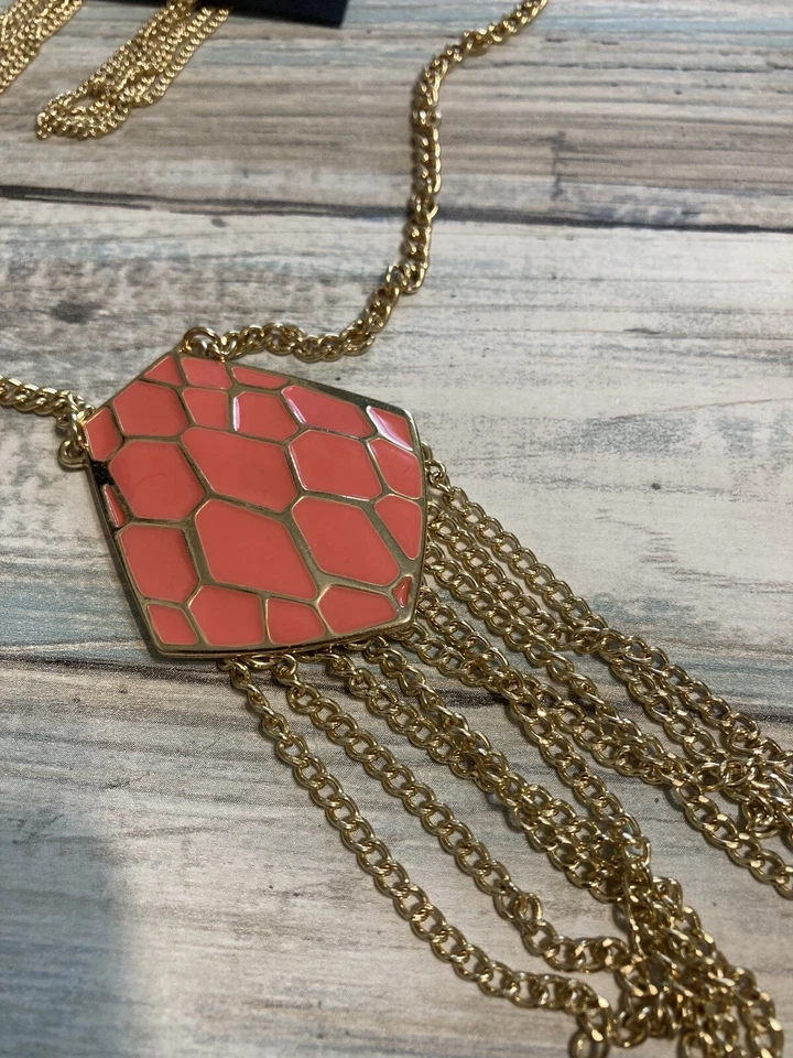 Thalia Sodi Necklace matching Earrings Set 32" Coral Enamel Gold Tone Geo NWT - Image 2 of 4