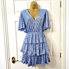 Coast Sequins Layered Fit & Flare party Evening DRESS SIZE 8 Light Blue Tiered