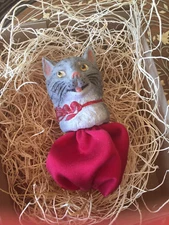 New 3D Dresden Grey Tabby Cat Paper Christmas Ornament Candy Container Red Bow