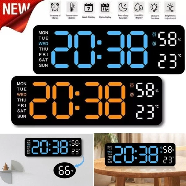 Large LED Digital Display Wall Desk Alarm Clock With Calendar Temperature Date - Picture 1 of 17