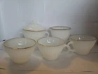 Vintage Anchor Hocking Milk Glass With Gold Rim 3 Tea Cups, Sugar, And Creamer