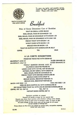 Atchison Topeka & Santa Fe Dining Car Menu Fred Harvey Service 1944 ATSF