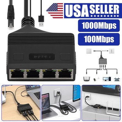 1 to 4 RJ45 Network Splitter USB Powered for PC Router TV Box Camera Cat5e-Cat7