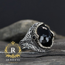 Black Zircon Stone,King Byzantine Chain Engraving Motif,925 K Silver Men's Ring