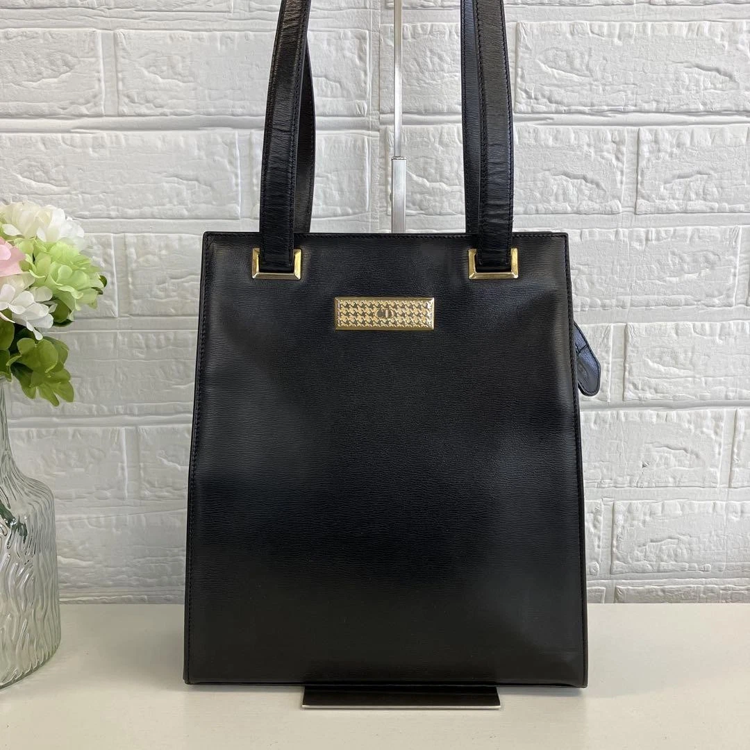 Sac fourre tout Christian Dior cuir noir logo plaque sac à main vintage Japon 417G