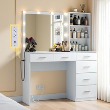 Large Vanity Desk with 3 Light Modes 6 Drawers and Lighted Mirror White
