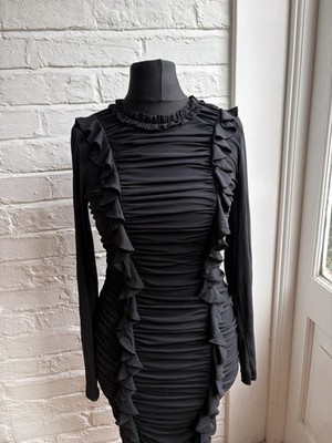 NWT Needle & Thread Ruffle Mesh Mini Dress Black Ruched Bodycon UK 10 US 6 Party