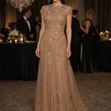 Adrianna Papell Beaded Gold Gown Long Dress Formal Black Tie Wedding Guest 6