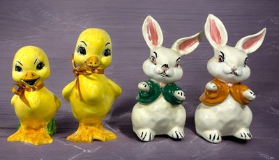 Lot of 4 Handmade Figurines Ducklings & Bunnies Vintage Easter 5'' Tall READ