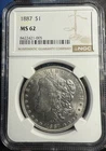 1887 MORGAN SILVER $1  NGC MS 62 very slight toning