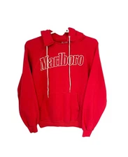 Vintage 80s Marlboro Logo Red Drawstring Hooded Sweatshirt XL USA Faded Worn