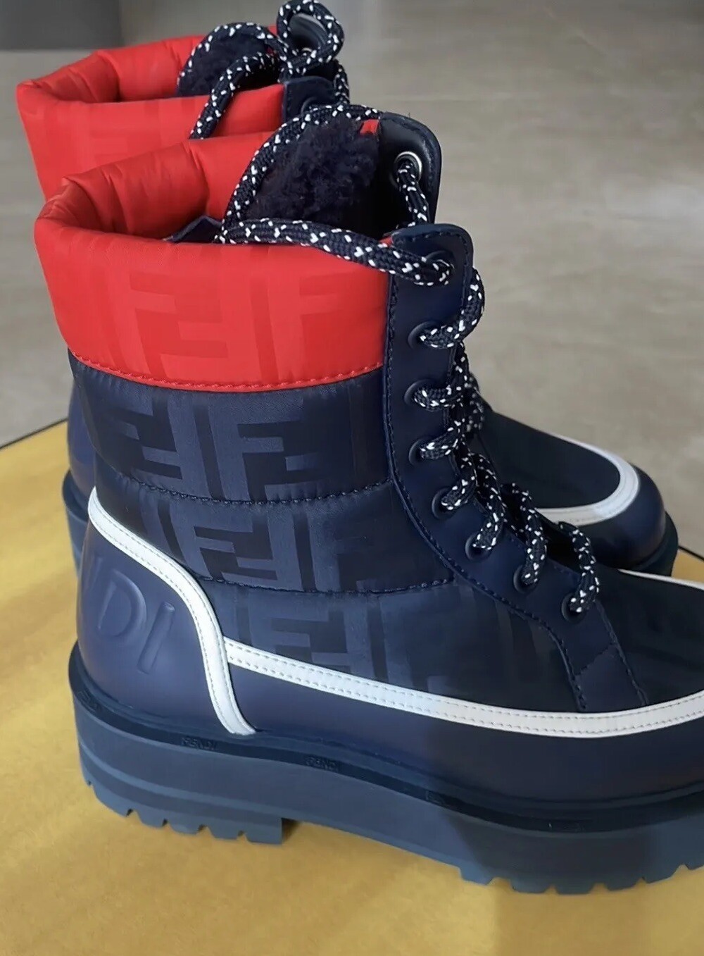 FENDI Logo-jacquard Leather Ankle Shearling Snow Winter Boots- Navy Blue 36 /6 ￼ image 2