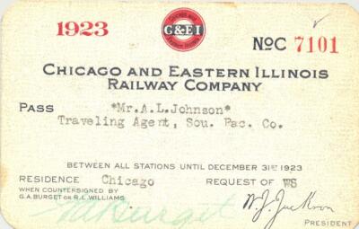 1923 C&EI Chicago & Eastern Illinois Railroad employee pass - Southern Pacific