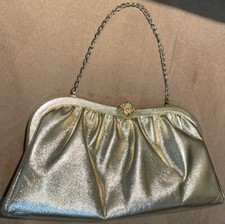 VINTAGE GOLD CLUTCH BAG CLUTCH SHIMMING W/CHAIN HANDLE FLOWER CLIP 10.5