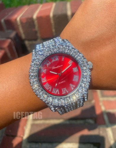 OROLOGIO DA UOMO HIP HOP GHIACCIO ORO PT QUADRANTE ROSSO LUSSO HEAVY BLING LAB DIAMANTE - Foto 10 di 12