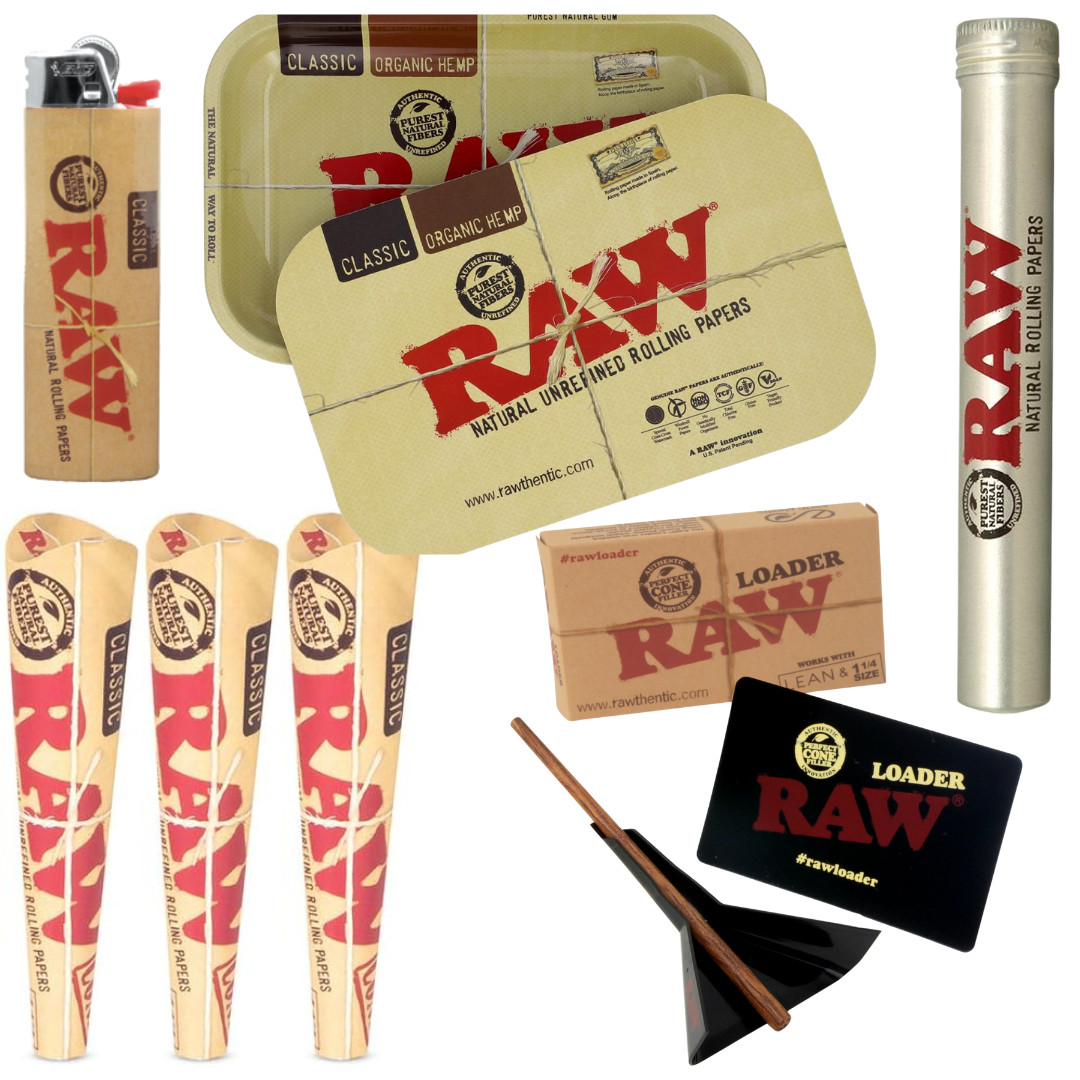 RAW Kit Tray w/ Lid + BIC Lighter + Tube + 3pk Raw King Size Cones + Cone Loader