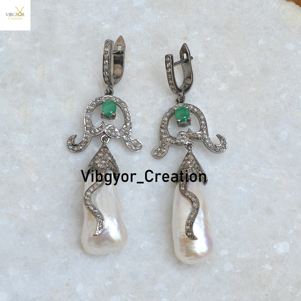 Pave Diamond Mother Of Pearl Dangle Earrings 925 Sterling Silver Emerald Jewelry Foto 2 de 3