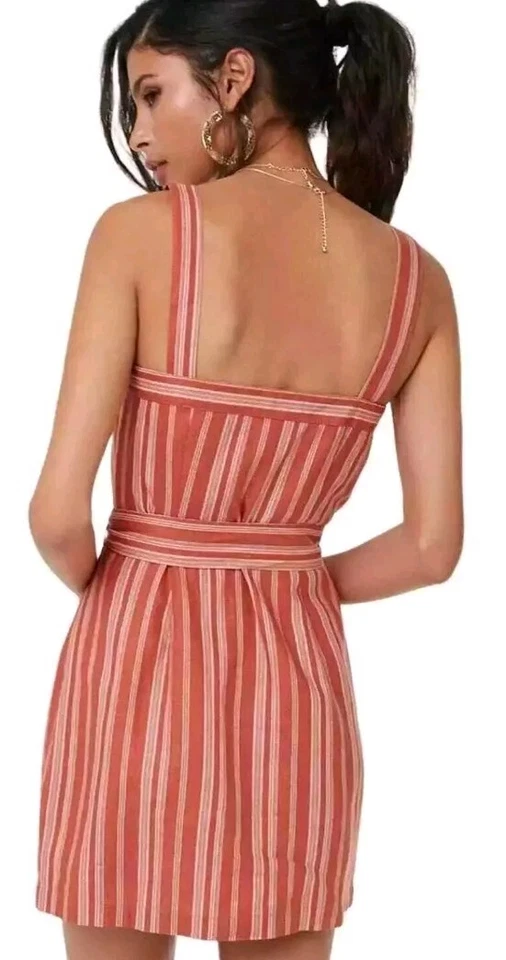 Forever21 SzM Pinstripe Pink/White Button-Up Dress Belted Waist Pkts Linen Blend - Image 3 of 4