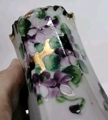 Antique Hat Pin holder purple violets hand painted footed  display picture 1