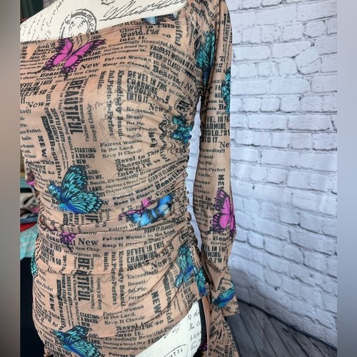 Butterfly & Newspaper Print, Off The Shoulder Bodysuit - 8/10 - Picture 8 of 9