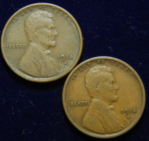 1914-S LOT OF 2 SEMI-KEY CIRCULATED LINCOLN WHEAT CENTS PENNIES,  BOTH GRADE VF