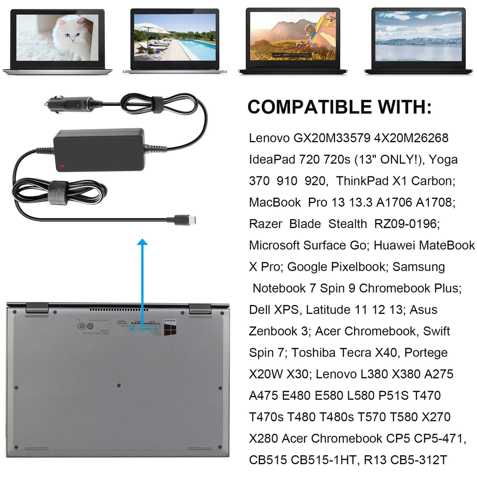 USB-C Laptop Car Charger Power AutoAdapter For Lenovo Samsung Dell HP Chromebook - Image 2 of 4