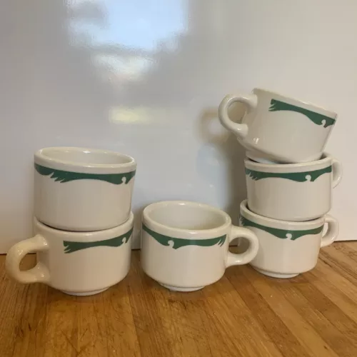 Homer Laughlin China Diner Mugs White Green Set Of 6