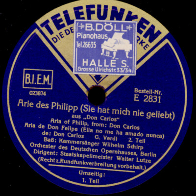 WILHELM SCHIRP -BASS- ''Don Carlos'' Sie hat mich nie geliebt  78rpm G4366