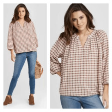 NWT Universal Thread Plaid Peasant Long Sleeve Blouse Shirt Tan Small country