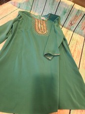 Dress XL Green Beads Brown Long Sleeves Diane Gilman Unique Knees Length