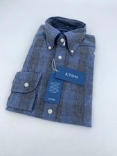 Eton Dress Shirt Mens M 15 1/2 - 39 Blue Black Checkered Textured Twill Slim Fit