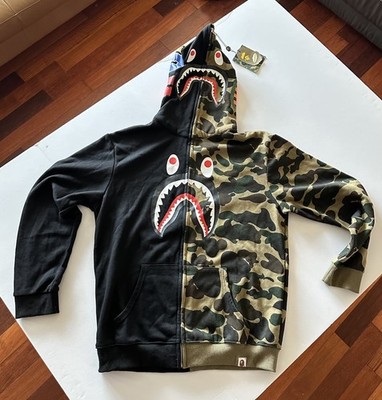 A Bathing Ape Bape Shark Full Zip Black Hoodie Camo Pattern Medium