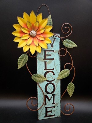 Rustic Metal WELCOME Sign Sunflower Farmhouse Wall Hanging Door Decor Blue - New