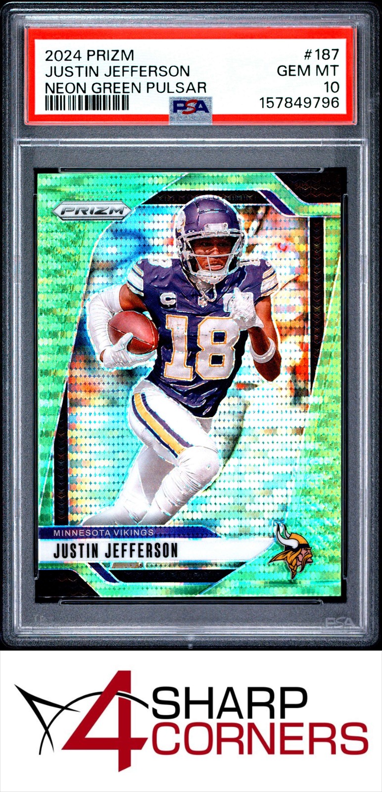 2024 PANINI PRIZM NEON GREEN PULSAR #187 JUSTIN JEFFERSON PSA 10 view 1