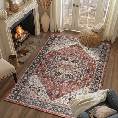 5x7 Vintage Floral Area Rug Washable Non-Slip Living Room Bedroom Red