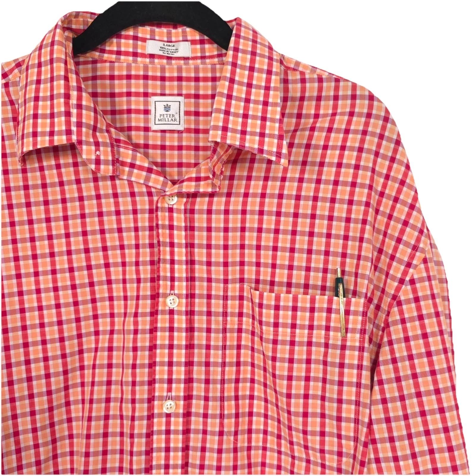 PETER MILLAR Men’s Shirt LARGE Plaid Check Cotton Orange Red Long Sleeve