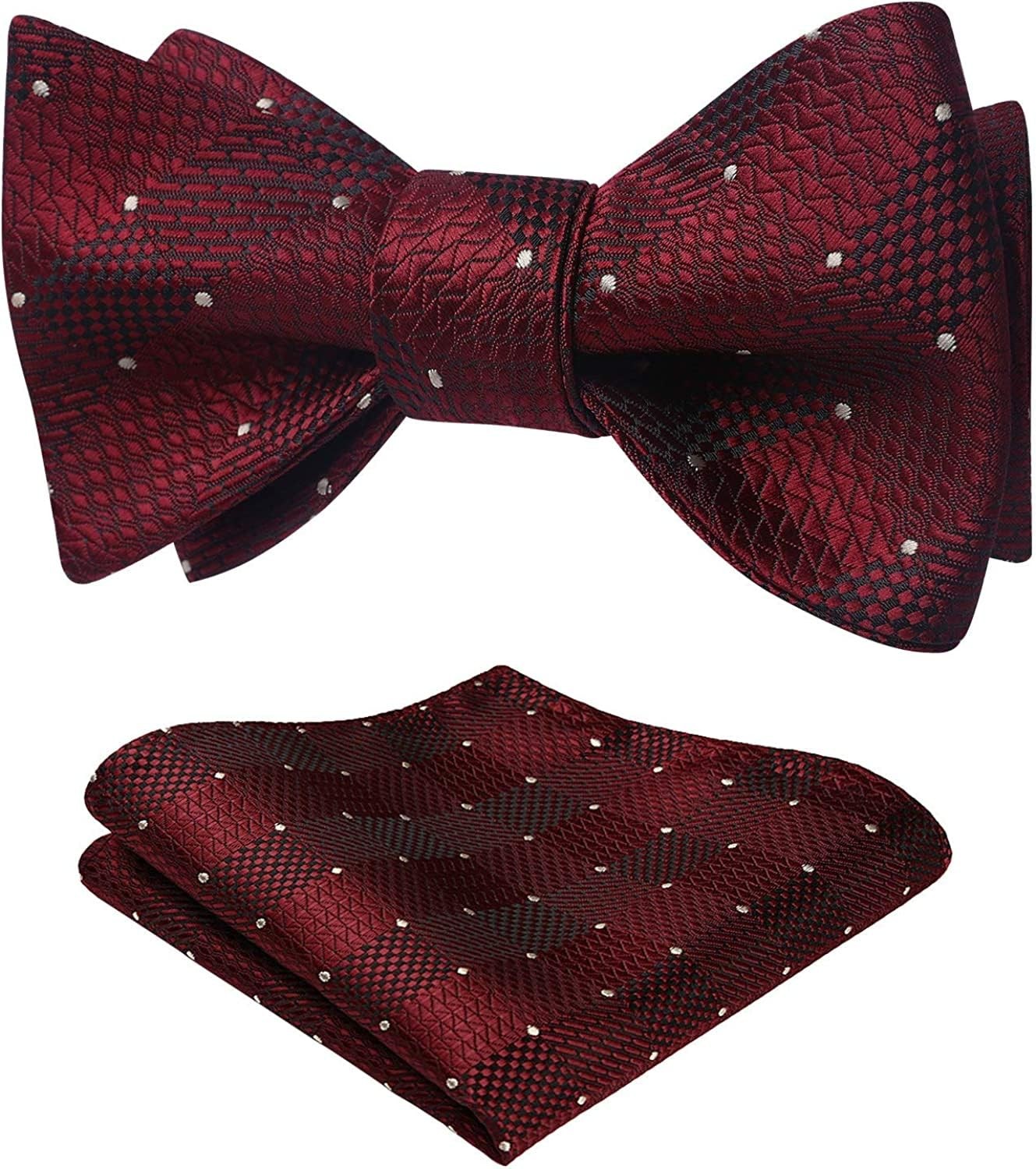 Mens Bowties Self Tie Wine Red Plaid Polka Dots Bow Tie and Pocket Square Wov...